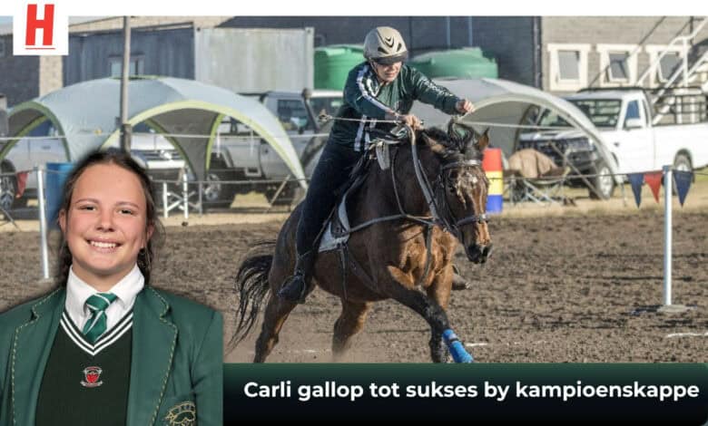Carli Huber van Hoërskool Ermelo galop tydens ’n kompetisie, met ’n insetportret van haar in skooldrag.