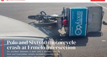Close-up view of a damaged motorcycle and the front section of a polo after a collision at an Ermelo intersection.
