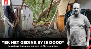 Hoofslaapkamer van die Van den Heevers in chaos ná ’n massiewe bloekom op die dak geval het, met inset van Koos wat sê: “Ek het gedink sy is dood.”