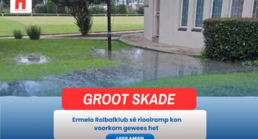 Oorsig van die Ermelo Rolbalklub se terreine wat setperke, omliggende areas en skade van die onlangse riool-oorvloei toon.