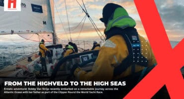 Ermelo adventurer Bobby Van Strijp and her father sailing on a yacht during the Clipper Round the World Race across the Atlantic Ocean.