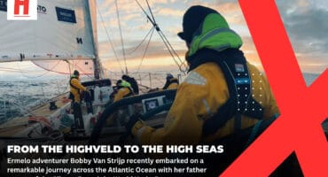 Ermelo adventurer Bobby Van Strijp and her father sailing on a yacht during the Clipper Round the World Race across the Atlantic Ocean.