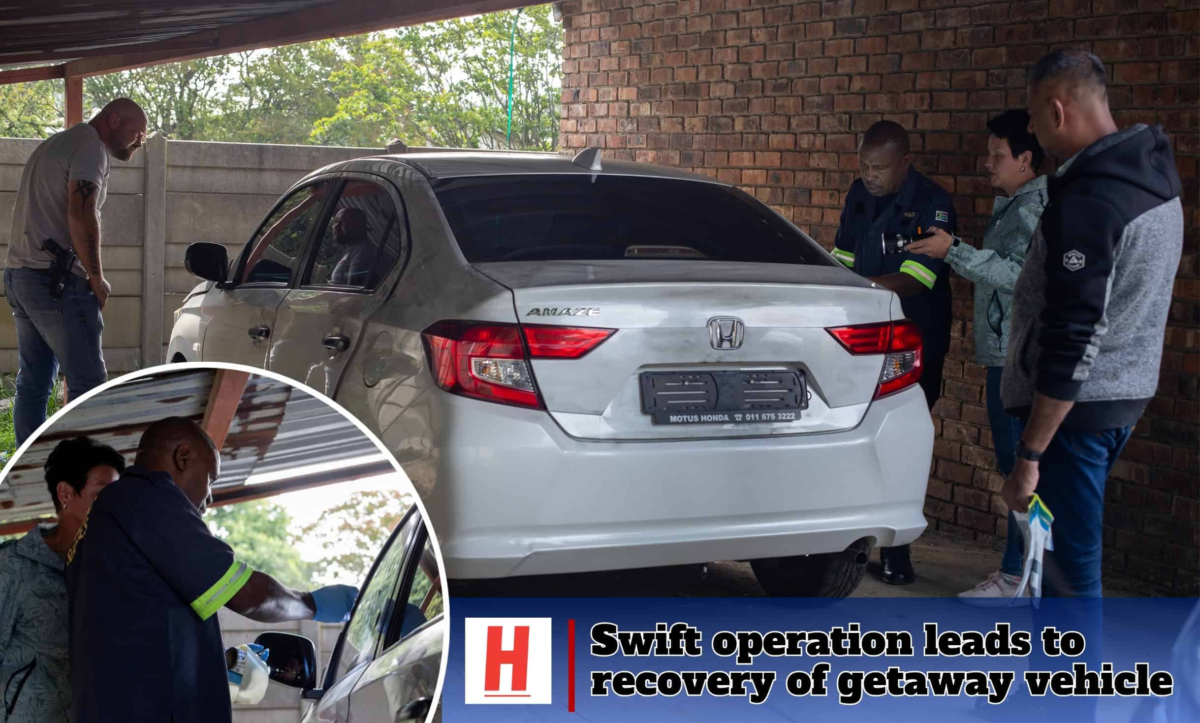 Police and forensic officers inspect a silver Honda sedan recovered in connection with the Ermelo Jewellers armed robbery.