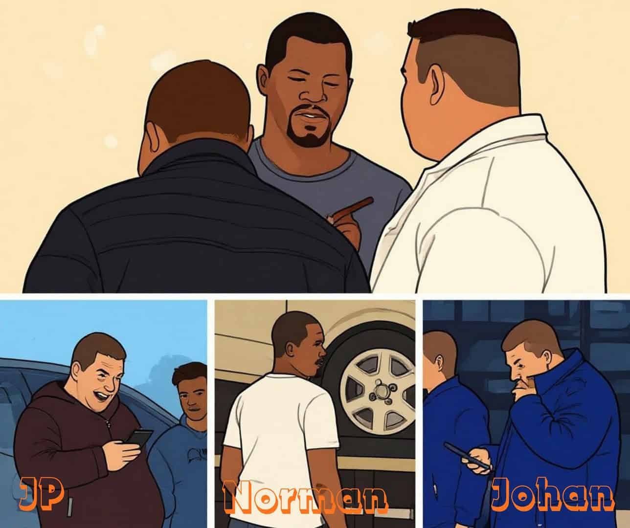 Cartoon collage of Ermelo towing trio JP Strydom, Johan Laubscher and Norman Booi at various accident scenes.