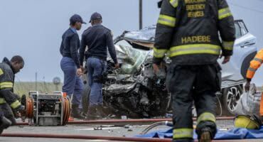 Emergency personnel attend to the scene of a collision between a light vehicle and a truck on the N17 near the Ermelo tollgate.