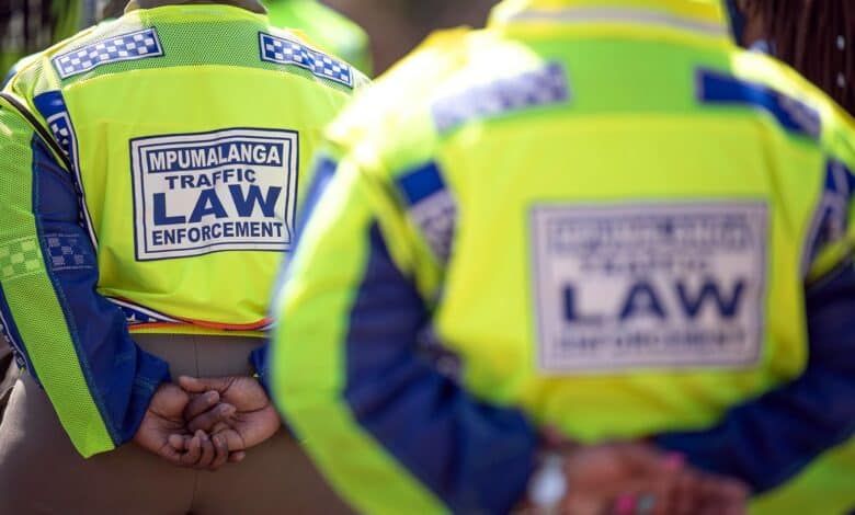 Agterkant van twee verkeersbeamptes in Mpumalanga met klere waarop “Mpumalanga Traffic Law Enforcement” geskryf staan.