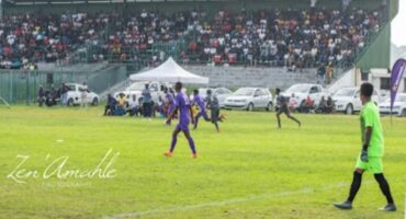 Soccer players in action at Mpumalanga Stadium in Wesselton.
