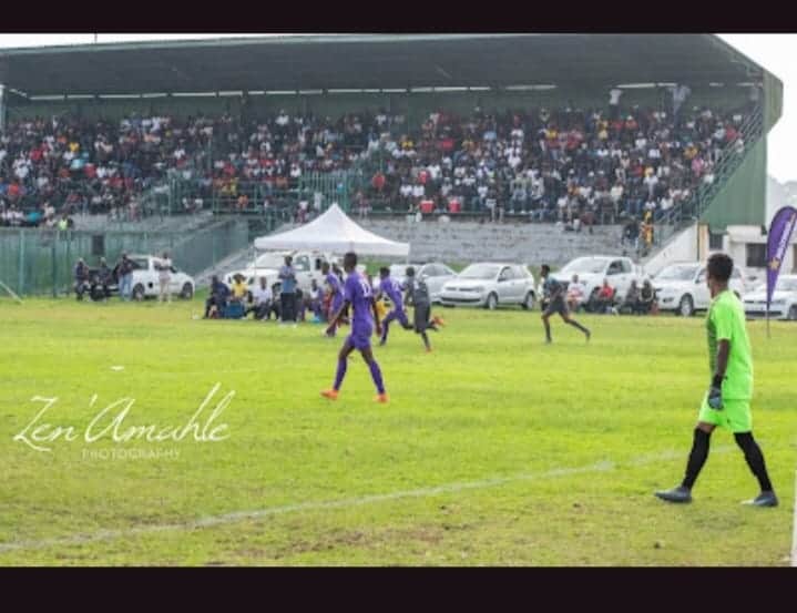 Soccer players in action at Mpumalanga Stadium in Wesselton.