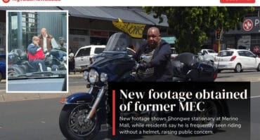Former MEC Vusi Shongwe riding a motorcycle without a helmet, alongside new images showing him stationary at Merino Mall, highlighting residents’ claims of frequent helmet non-compliance.