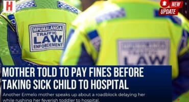 Back view of traffic officers’ uniforms at a roadblock in Ermelo, highlighting a mother’s claim she was told to pay fines before taking her sick toddler to hospital.