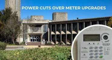 Municipality building with inset of a prepaid electricity meter, highlighting the ongoing meter upgrade rollout.