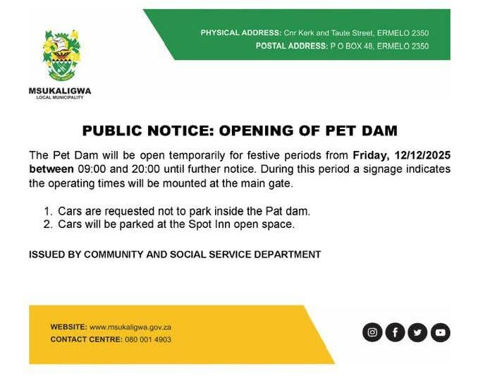 Public notice issued by the Msukaligwa Community and Social Services Department regarding Pet Dam festive access.