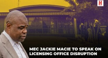 Ermelo licensing offices with inset of MEC Jackie Macie addressing concerned stakeholders.