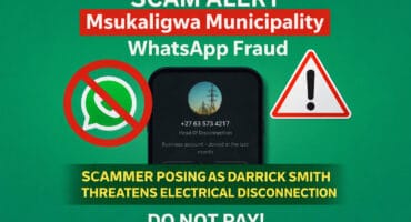 Graphic warning residents about a WhatsApp scammer posing as a Msukaligwa Municipality disconnection official.