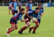 Franko Groenewald, Werner Nortje en Regardt Jansen van Rensburg gereed vir kontak in rugbyspel