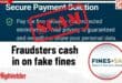 Collage-style warning image showing “FAKE FINES, FAST CASH FOR SCAMMERS” headline with scam alert logo and fake traffic fine website screenshots