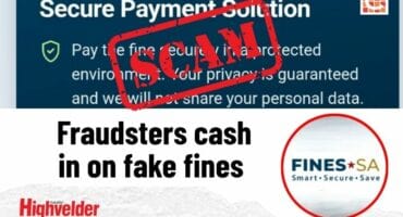 Collage-style warning image showing “FAKE FINES, FAST CASH FOR SCAMMERS” headline with scam alert logo and fake traffic fine website screenshots