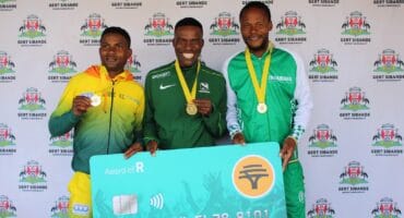 Men’s category winners stand together after the GSDM 3-in-1 Marathon in Ermelo.