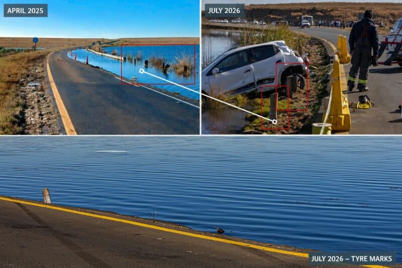 Comparison photographs of the Florence Dam crossing from April 2025 and July 2026, together with tyre marks visible after the July 2026 incident.