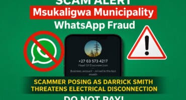 Highvelder warning graphic about a previous electricity disconnection scam targeting Msukaligwa Municipality residents.