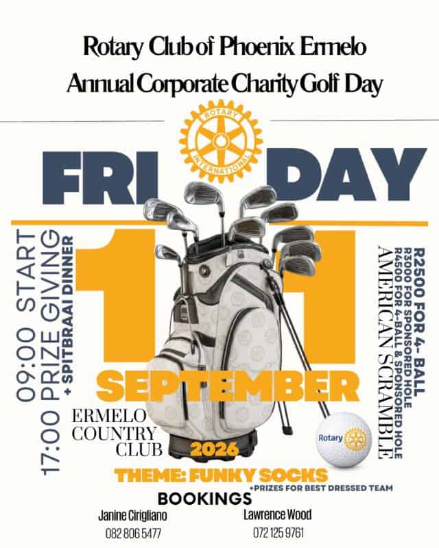 Poster promoting the Ermelo Phoenix Rotary Club Annual Corporate Charity Golf Day on September 11, 2026.