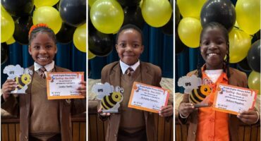Ermelo English Primary School spelling bee champions Candice Maseko, Rethabile Ramushu and Boikano Magakwe holding their awards and certificates.