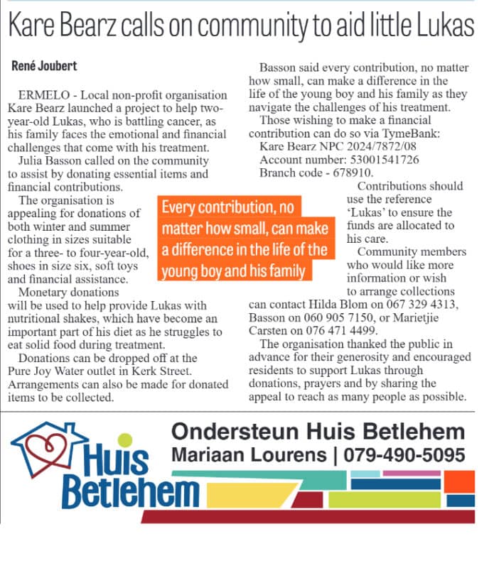 Highvelder article appealing for community support for two-year-old Lukas, who was battling cancer.