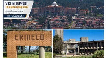 Collage featuring recognisable Ermelo landmarks, including the Gert Sibande District Municipality building, the Ermelo skyline and the town's entrance sign.