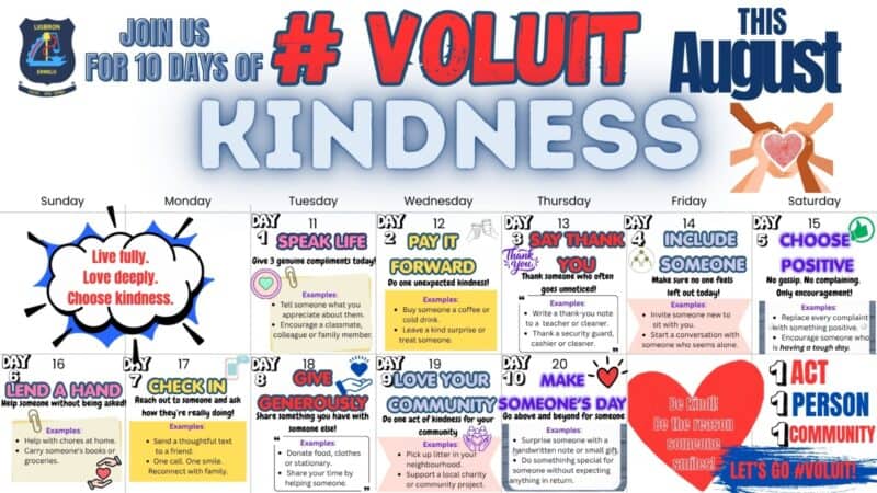 Promotional poster for Ligbron Academy of Technology's 10 Days of Kindness campaign in Ermelo, featuring daily kindness challenges from 11 to 20 August.