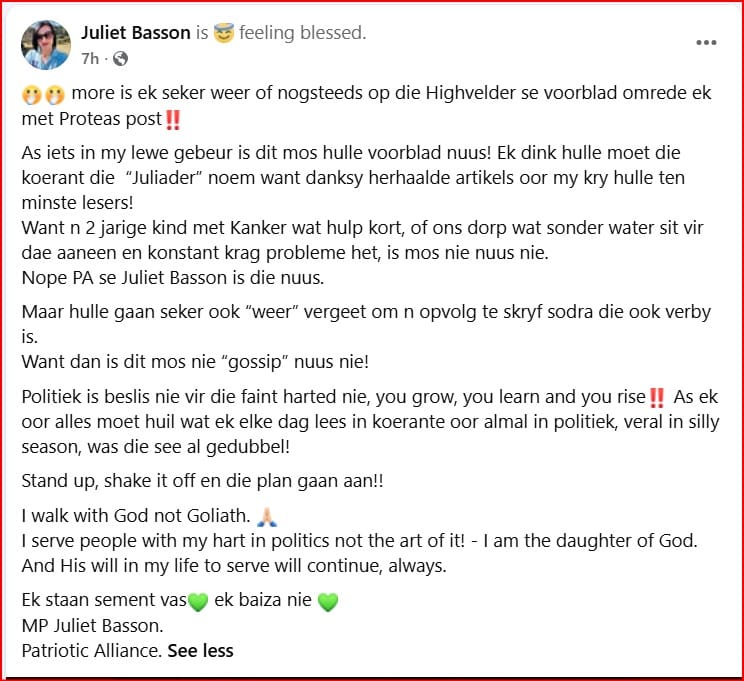 Screenshot of a social-media post by Juliet Basson criticising Highvelder’s coverage.