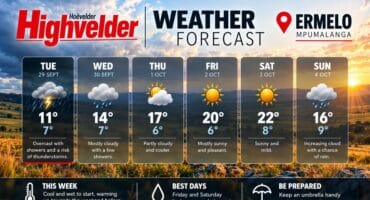 Highvelder weather forecast for Ermelo showing temperatures and predicted conditions from September 29 to October 4.