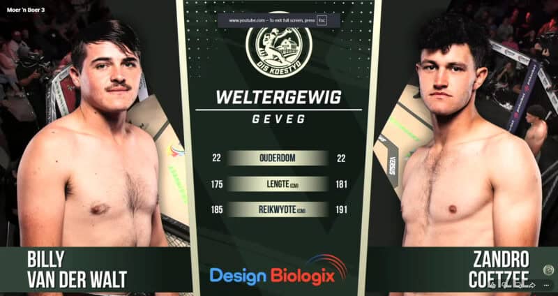 MMA-geveg tussen Billy van der Walt en Zandro Coetzee in die hok by Heartfelt Arena Pretoria vir Moer 'n Boer Seisoen 3.