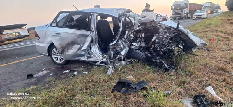Badly damaged Volkswagen sedan following a fatal collision near Ermelo.