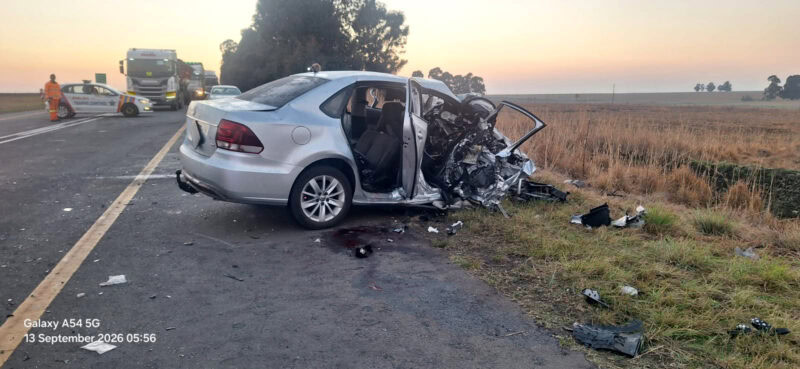 Wreckage of a Volkswagen sedan involved in the fatal N17 collision near Ermelo.