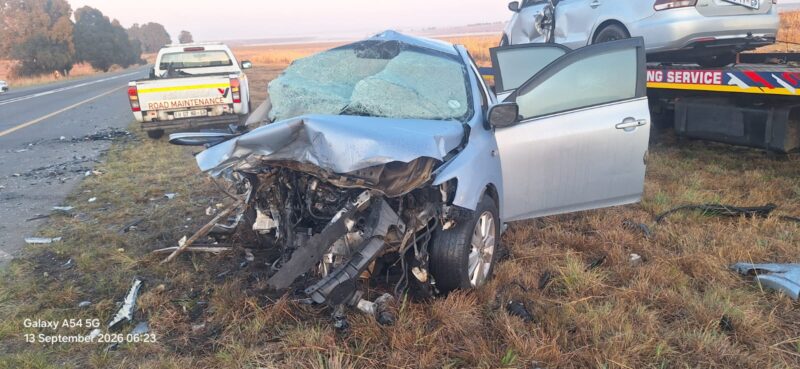 Damaged Toyota sedan involved in the fatal N17 crash near Ermelo.