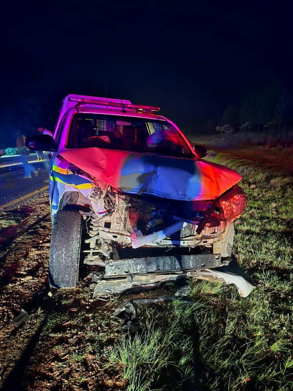 Damaged Lothair SAPS vehicle following an incident involving a stray cow on the N17 near Warburton.