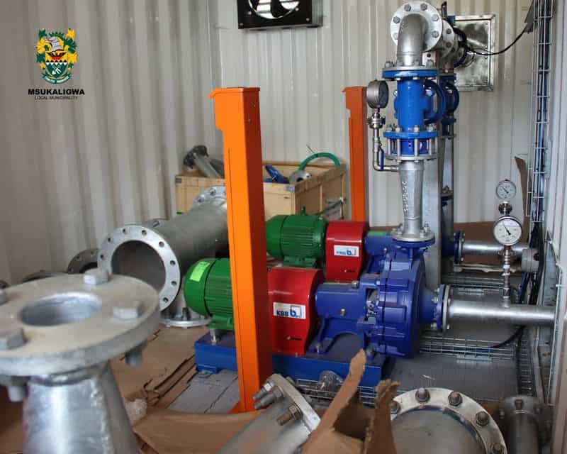 Pump equipment mounted inside a container at the Everest Park water infrastructure project in Ermelo.