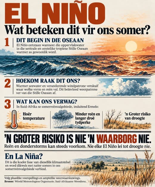 Infografika verduidelik hoe El Niño ontstaan en watter invloed dit op Suid-Afrika se somerweer kan hê.