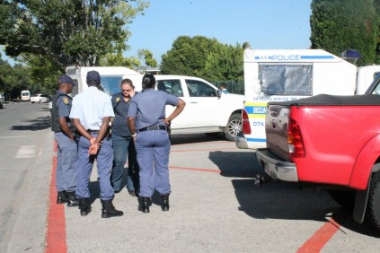 Police are at the scene at Laerskool Oranjegloed Primary School on Tuesday, 3 February after the school got a bomb threat.