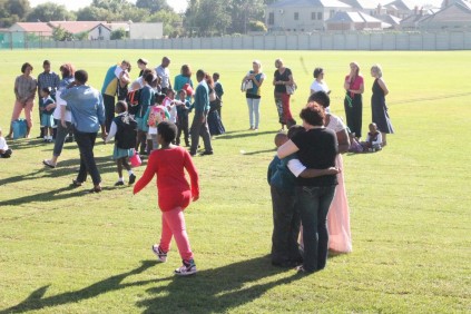 Teachers and children got together on the rugby field at Laerskool Oranjegloed Primary School after the school got a bomb threat.