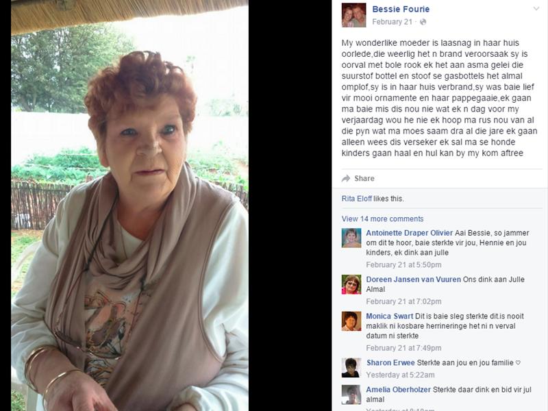 Me. Bessie Fourie het die booskap op 21 Februarie op haar Facebookblad gepubliseer. Me. Fourie is Me. Lulu Saunders se dogter.