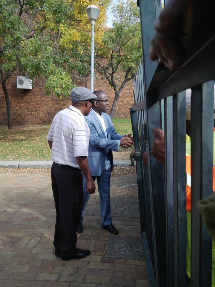 Mr Anthony Makhaye, chief of the ANC, and Mr Benzi Soko, chief of staff, arrives to address the masses. The protesters are shouting "We want Lindi" and "Shongwe must fall" referring to the new municipal manager.