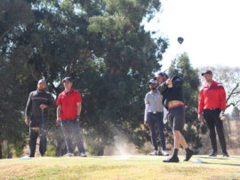 Xandré Barnard (teeing off) and his friends from Bethal were having a blast at the Round Table Golf Day at Walker Park.