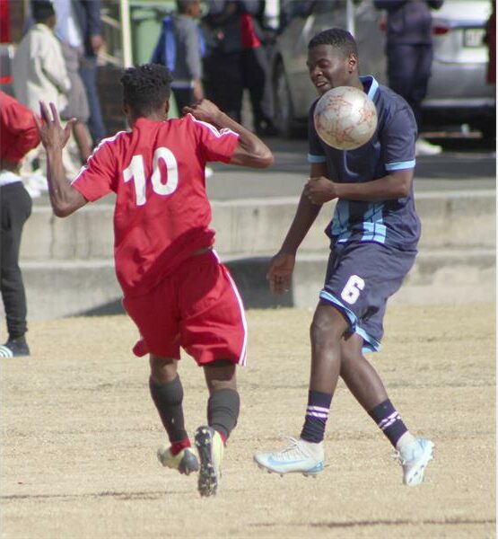 Two men playing soccer on a field with a ball.