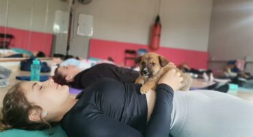 A woman laying on a yoga mat with a dog.
