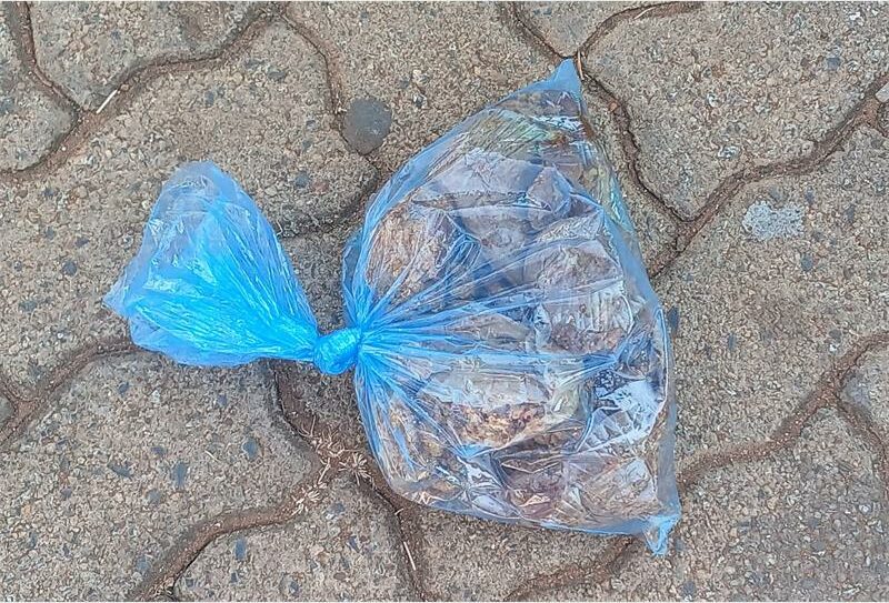 A bag of food sitting on the ground.