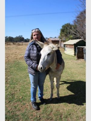 A woman standing next to a donkey in a field.