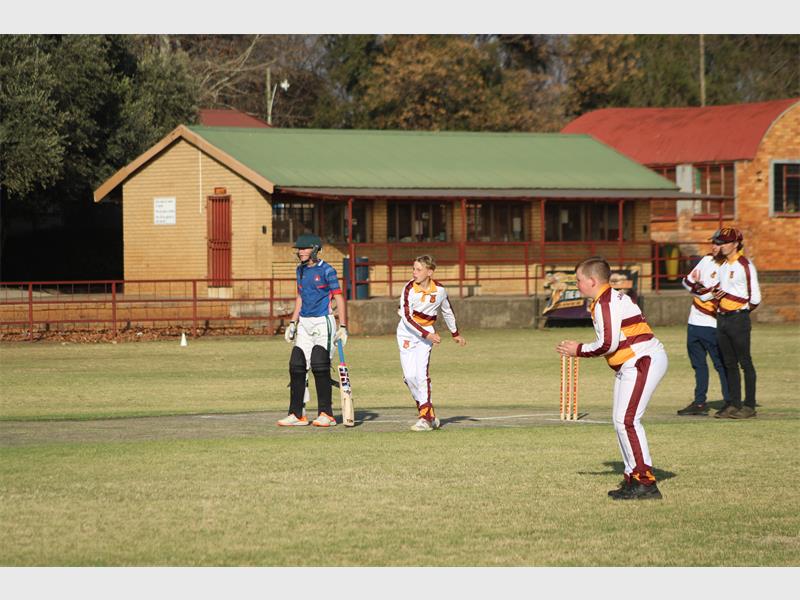 A group of boys playing cricket on a field.