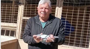 A man holding a bird in his hands.