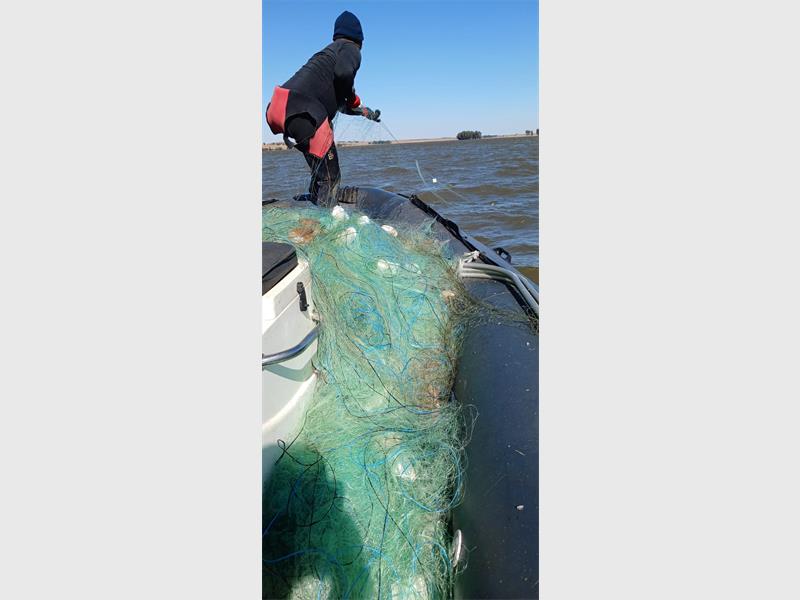 A man in a boat with a net on top.